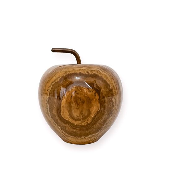 Paperweight Marble Agate Apple Home Decor Brown Cream Color Bands Metal Stem - Picture 7 of 10